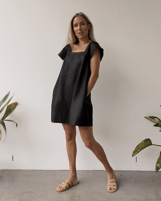 Alba Linen Mini Dress ~ Black – Moni ...